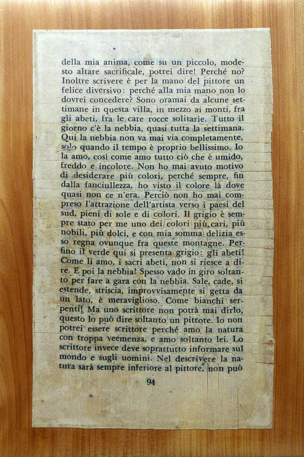 Lettere, 2009. Page cut in 1485 tiles [each  letter and punctuation of the text] and reset in the original place. Book page on wood board. 13 x 20 cm. 